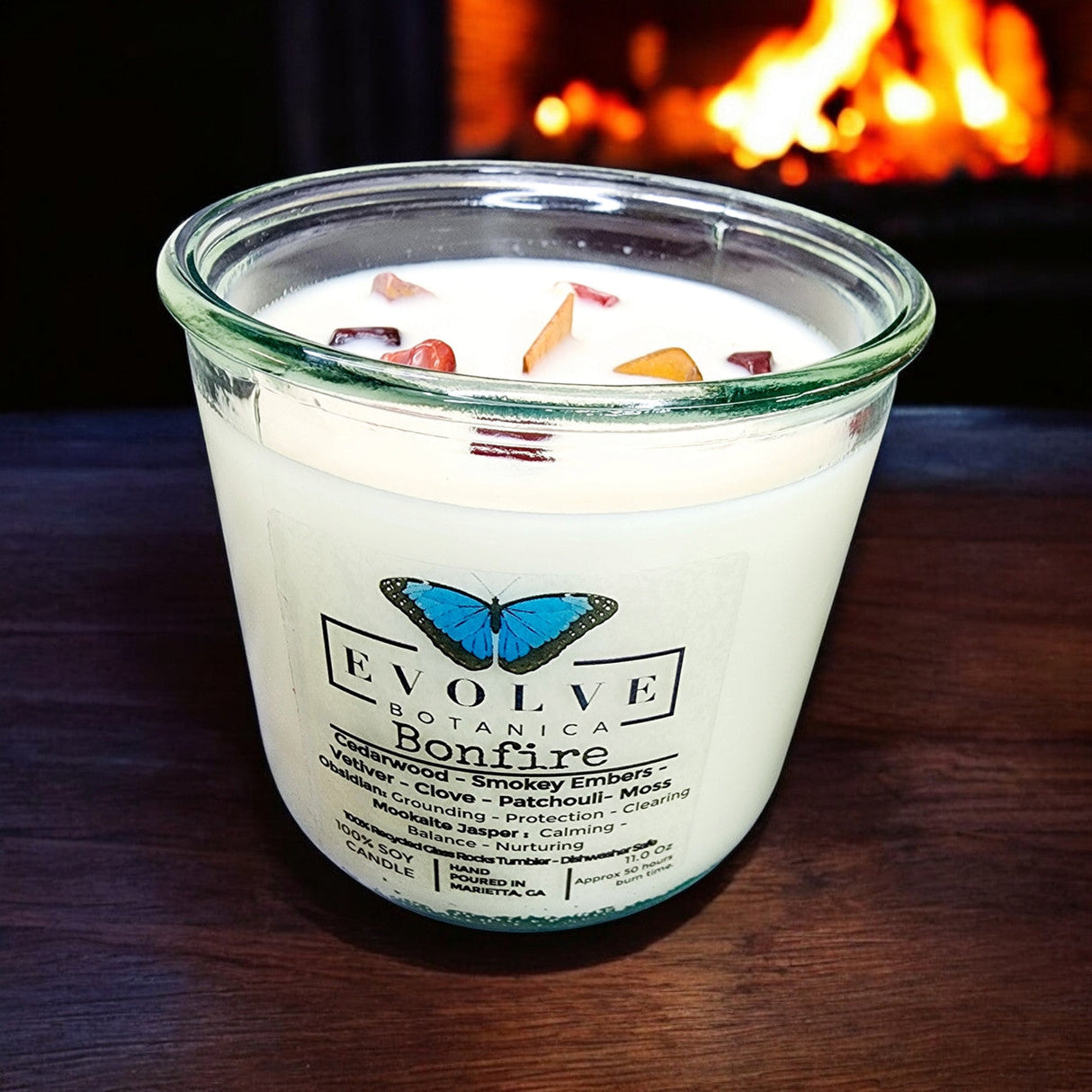 Rocks Candle - Bonfire (Wood Wick Obsidian & Mookaite Gemstone Soy Candle) from Evolve Botanica