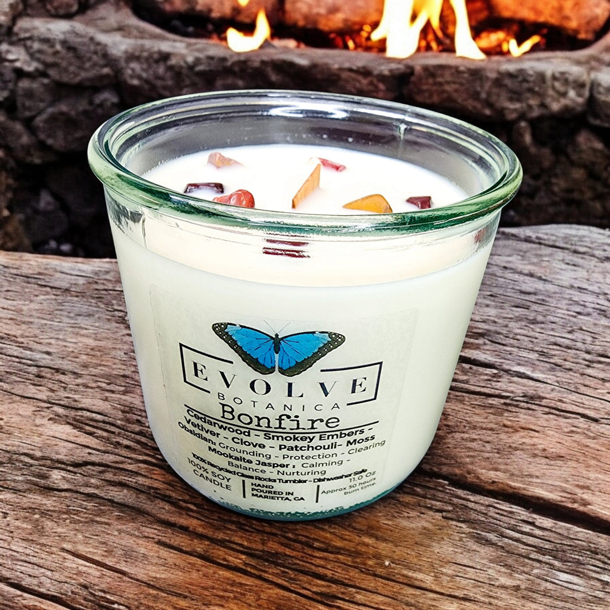 Rocks Candle - Bonfire (Wood Wick Obsidian & Mookaite Gemstone Soy Candle) from Evolve Botanica