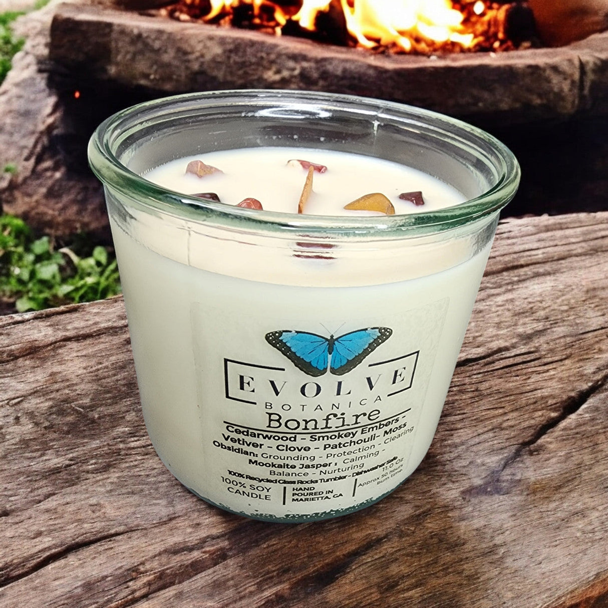 Rocks Candle - Bonfire (Wood Wick Obsidian & Mookaite Gemstone Soy Candle) from Evolve Botanica