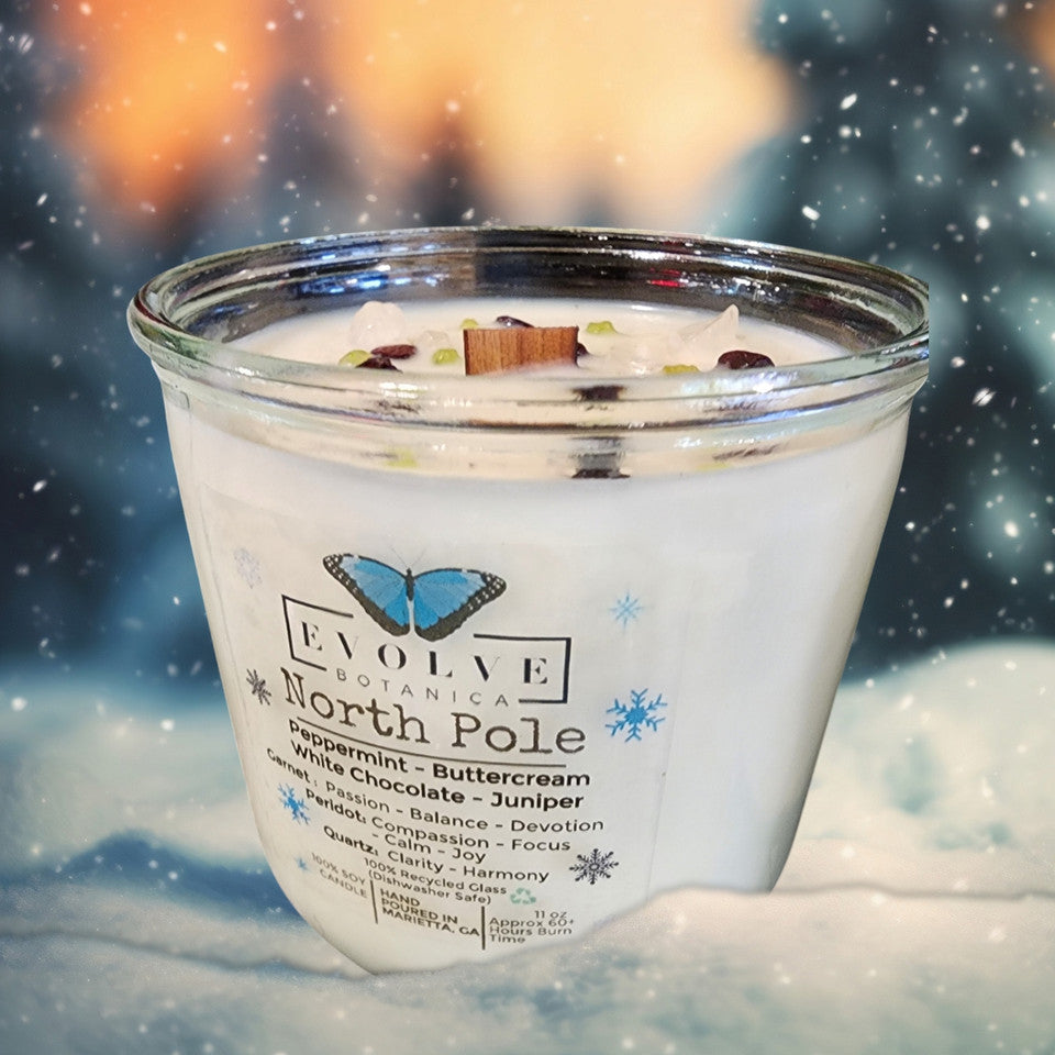Rocks Candle - North Pole (Wood Wick, Garnet (Passion, Balance), Peridot (Compassion, Joy), Quartz (Harmony, Clarity) from Evolve Botanica