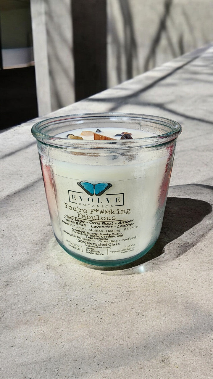 Rocks Candle - You're F*#@king Fabulous (Amethyst, Quartz, Smoky Quartz, Cacoxenite, Rutile, Goethite, & Lepidocrocite) from Evolve Botanica