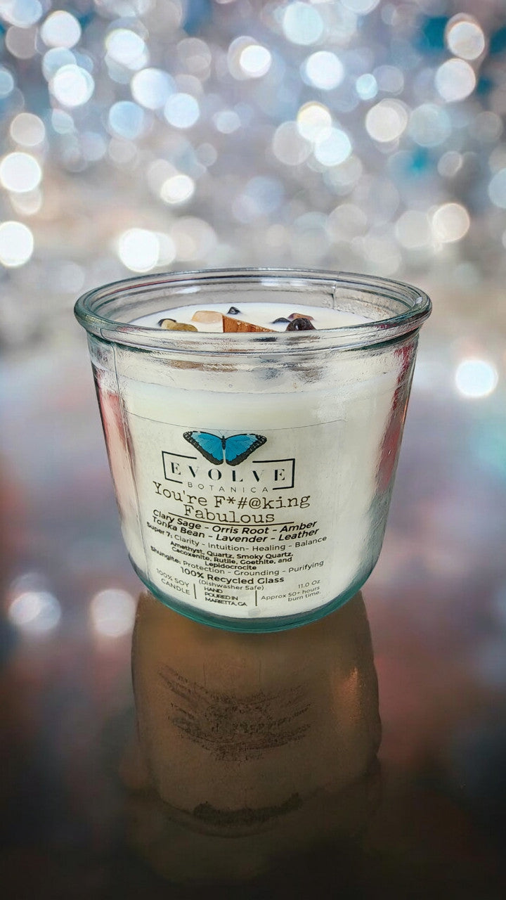Rocks Candle - You're F*#@king Fabulous (Amethyst, Quartz, Smoky Quartz, Cacoxenite, Rutile, Goethite, & Lepidocrocite) from Evolve Botanica