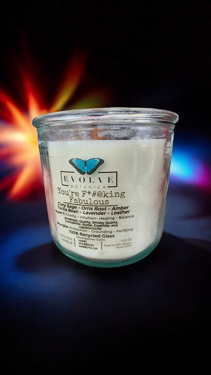 Rocks Candle - You're F*#@king Fabulous (Amethyst, Quartz, Smoky Quartz, Cacoxenite, Rutile, Goethite, & Lepidocrocite) from Evolve Botanica