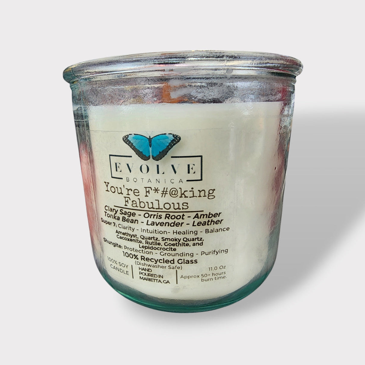 Rocks Candle - You're F*#@king Fabulous (Amethyst, Quartz, Smoky Quartz, Cacoxenite, Rutile, Goethite, & Lepidocrocite) from Evolve Botanica