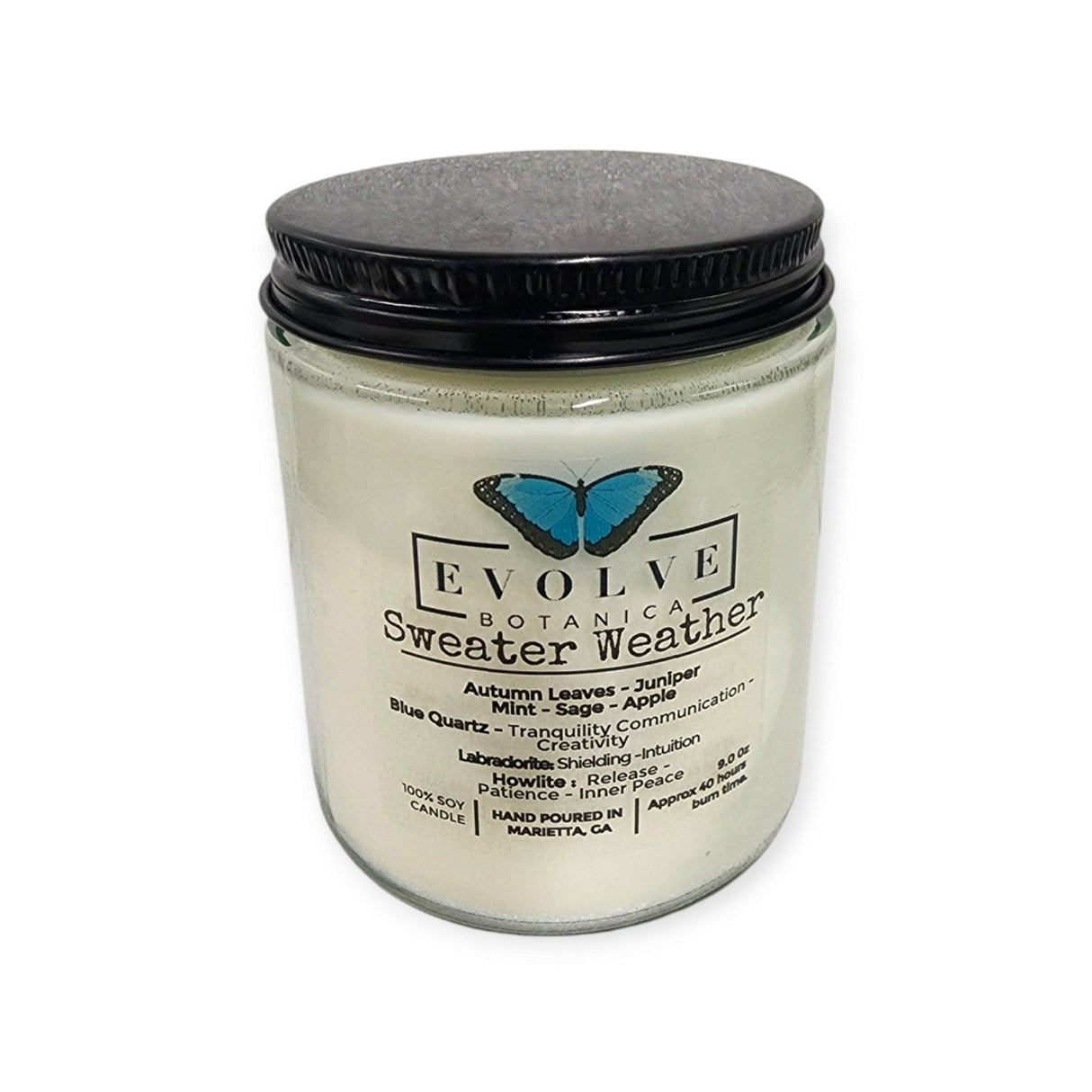 Classic 9oz Jam Jar Crystal Soy Candle - Sweater Weather (Howlite & Labradorite) from Evolve Botanica