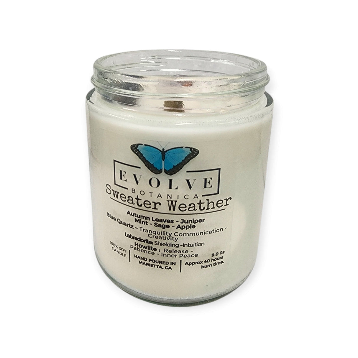 Classic 9oz Jam Jar Crystal Soy Candle - Sweater Weather (Howlite & Labradorite) from Evolve Botanica
