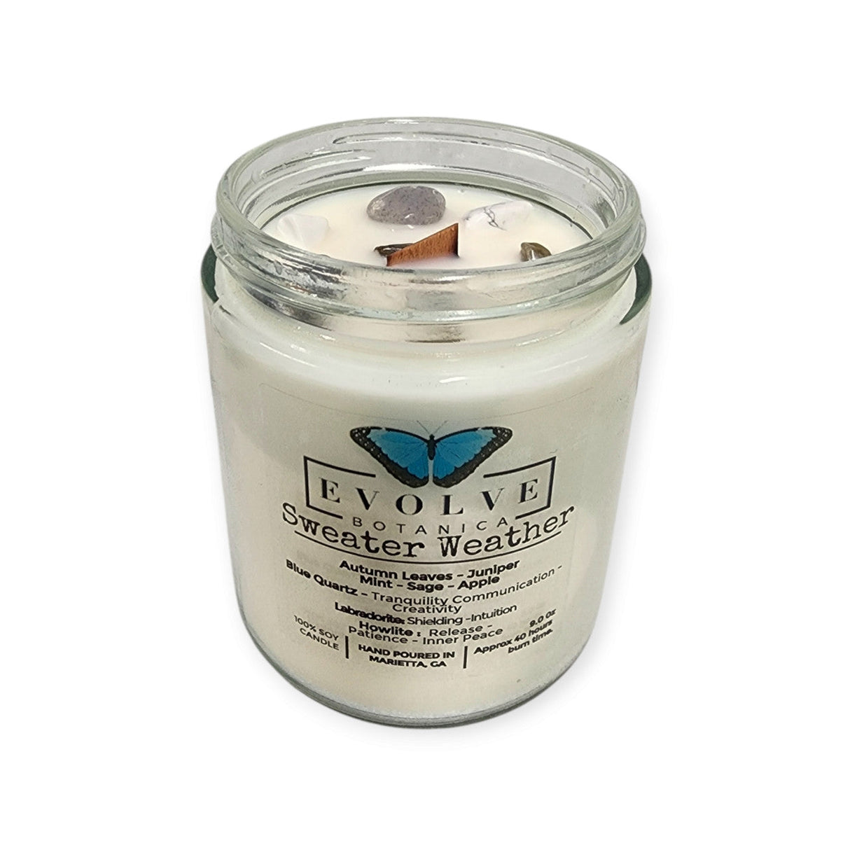 Classic 9oz Jam Jar Crystal Soy Candle - Sweater Weather (Howlite & Labradorite) from Evolve Botanica