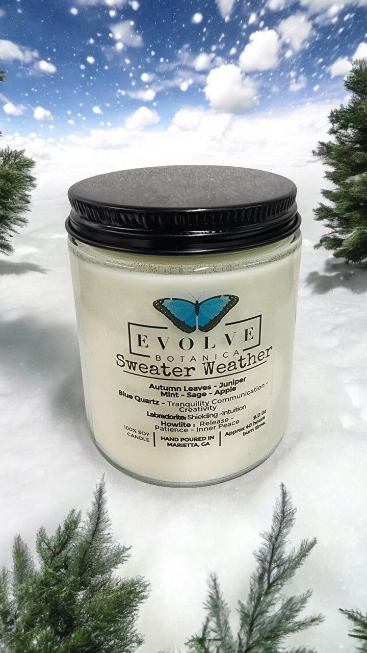 Classic 9oz Jam Jar Crystal Soy Candle - Sweater Weather (Howlite & Labradorite) from Evolve Botanica