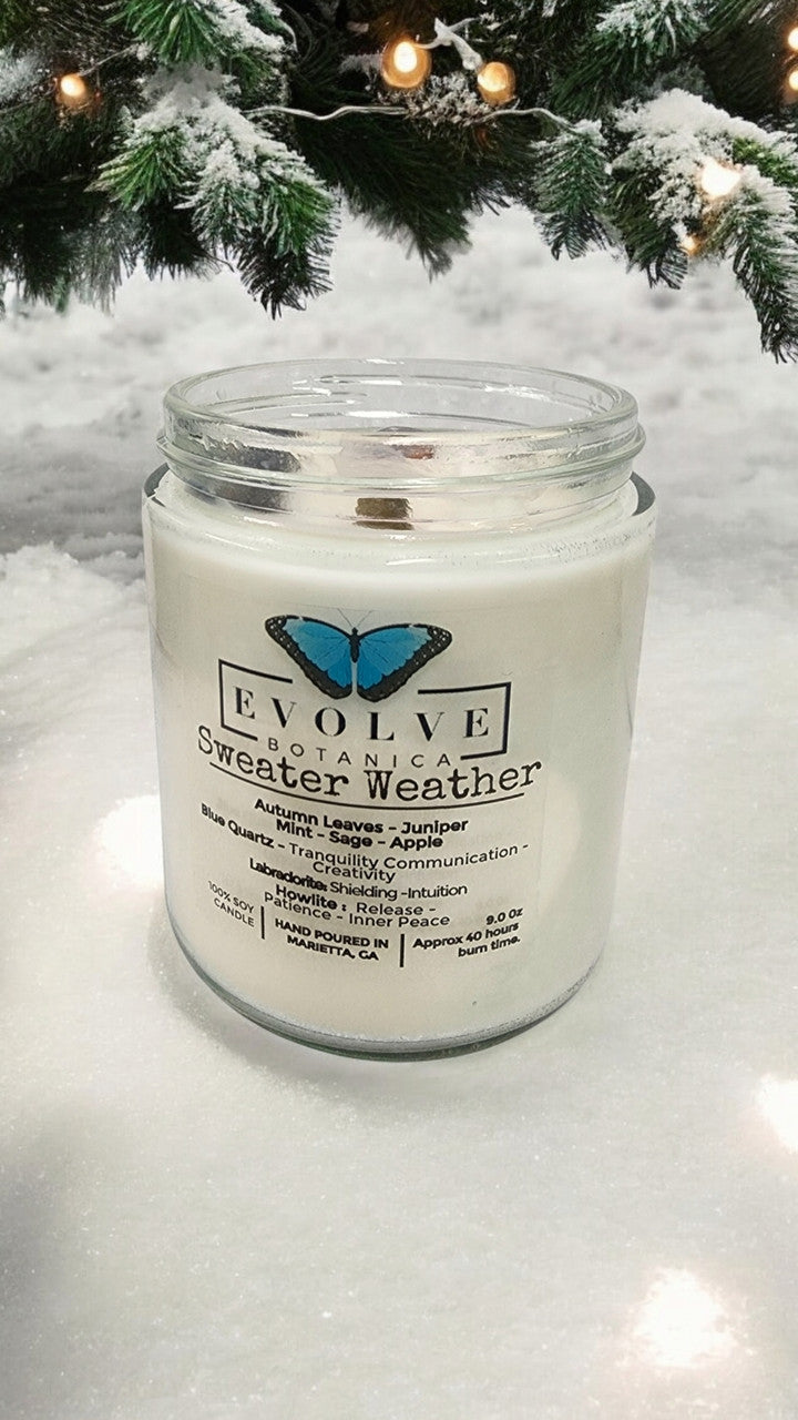 Classic 9oz Jam Jar Crystal Soy Candle - Sweater Weather (Howlite & Labradorite) from Evolve Botanica