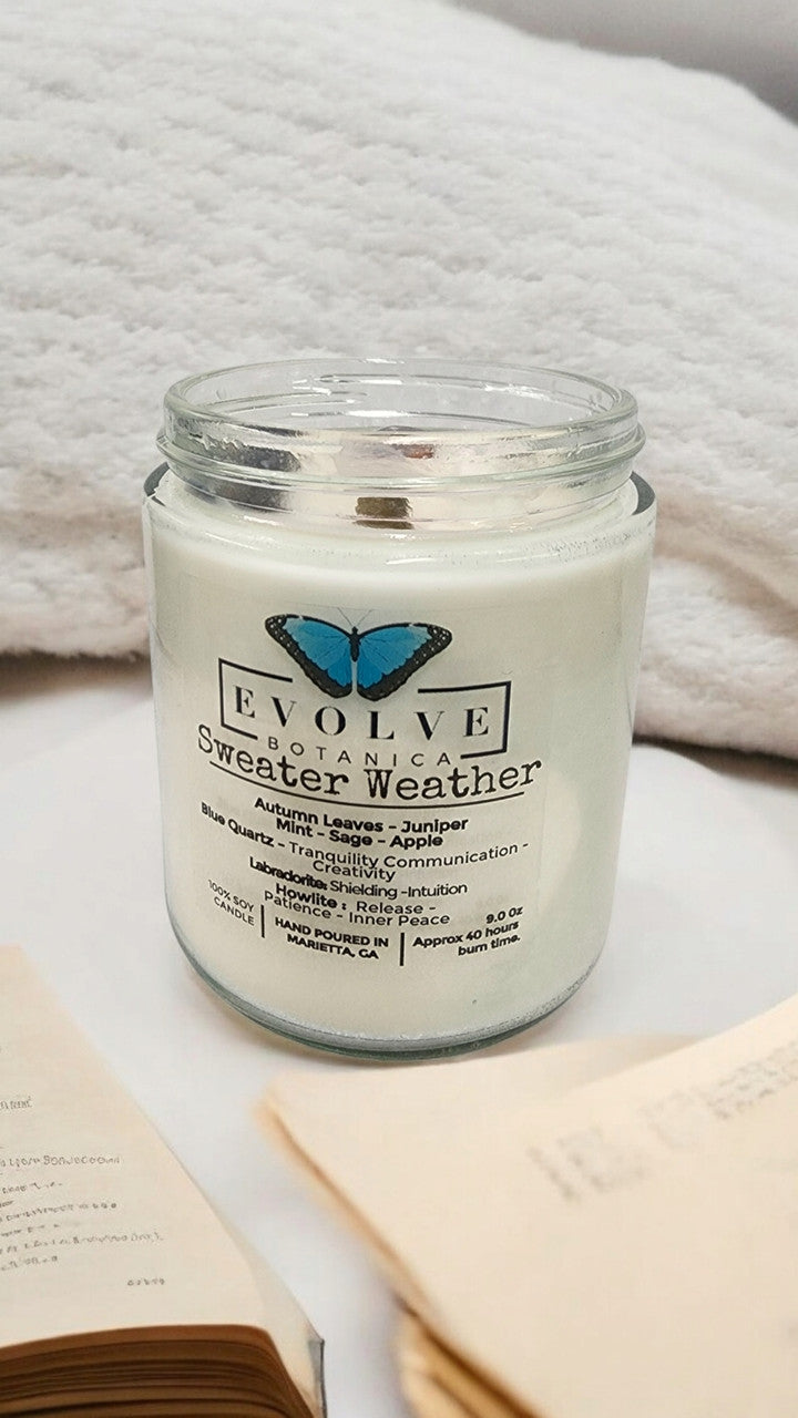 Classic 9oz Jam Jar Crystal Soy Candle - Sweater Weather (Howlite & Labradorite) from Evolve Botanica