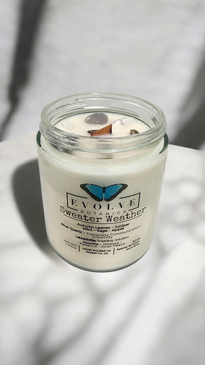 Classic 9oz Jam Jar Crystal Soy Candle - Sweater Weather (Howlite & Labradorite) from Evolve Botanica