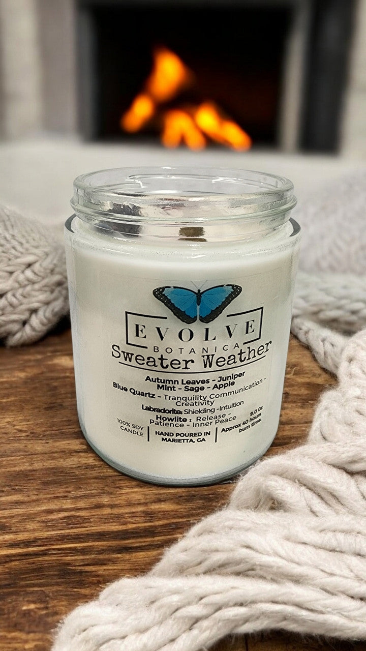 Classic 9oz Jam Jar Crystal Soy Candle - Sweater Weather (Howlite & Labradorite) from Evolve Botanica