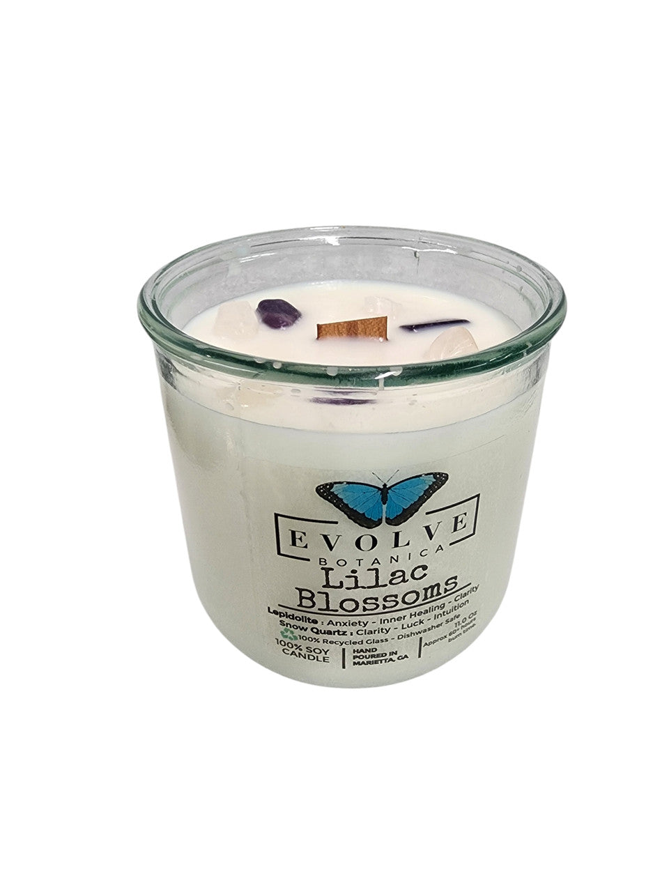 Rocks Candle - Lilac Blossoms (Wood Wick, Lepidolite Gemstone Soy Candle) from Evolve Botanica