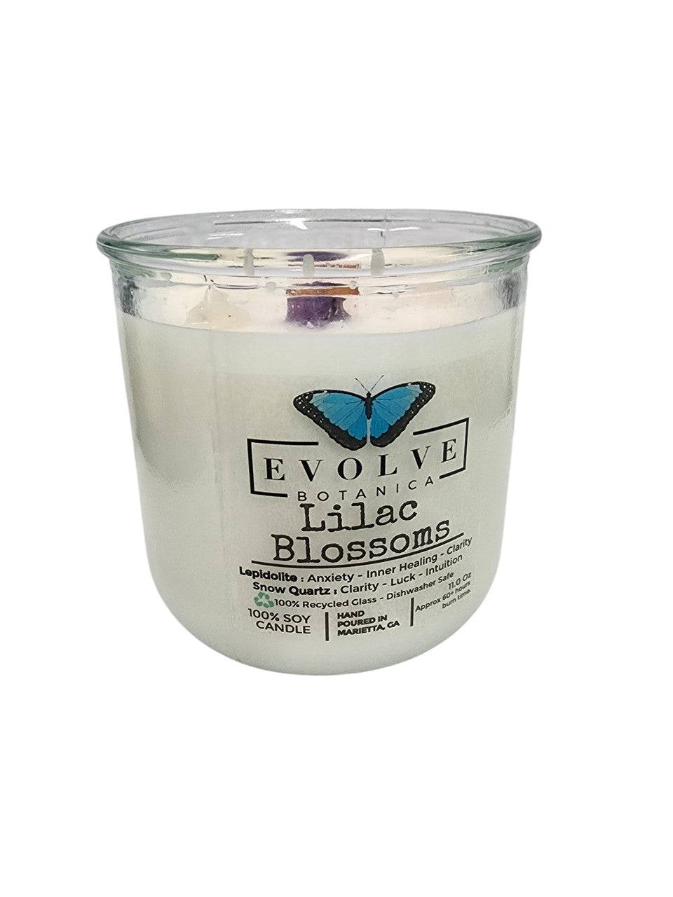 Rocks Candle - Lilac Blossoms (Wood Wick, Lepidolite Gemstone Soy Candle) from Evolve Botanica