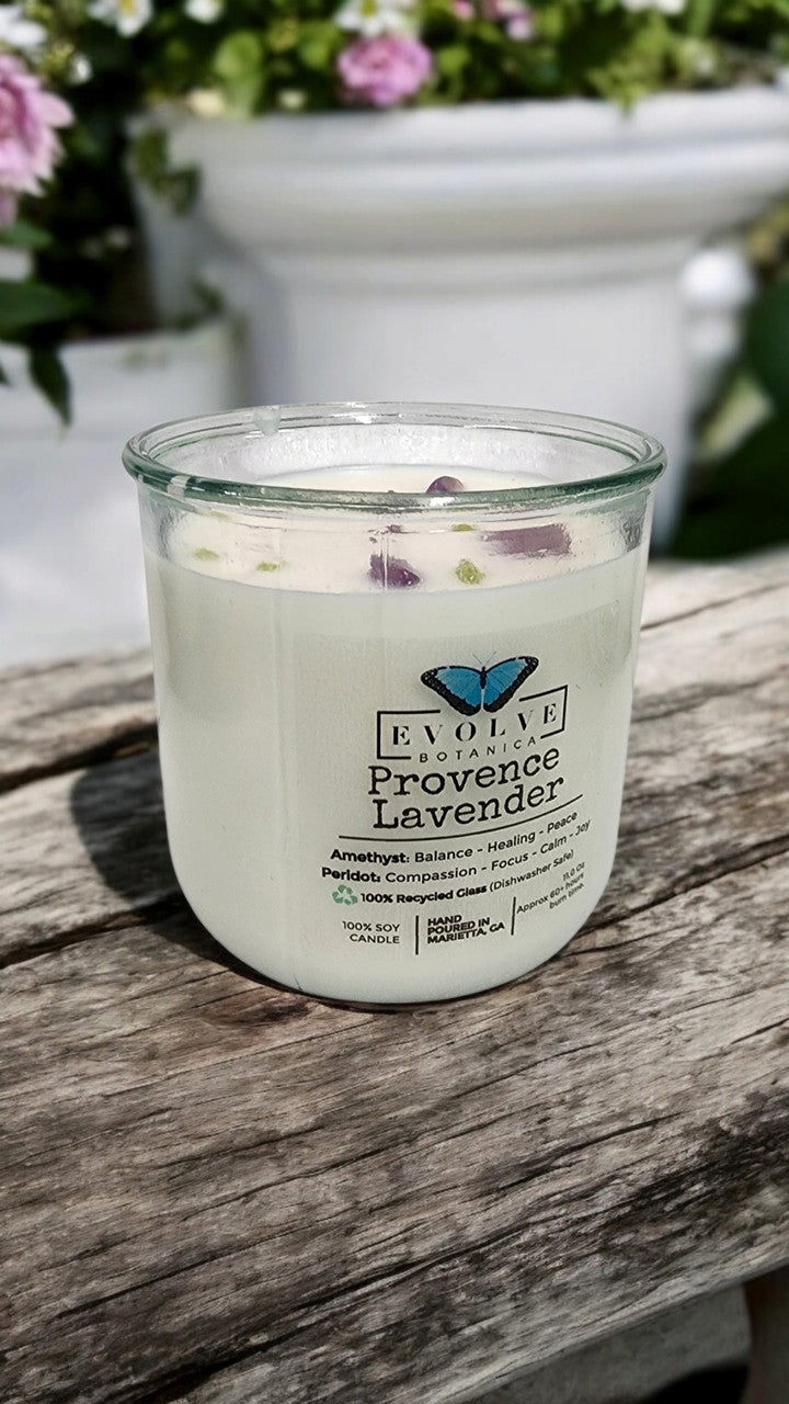 Rocks Candle - Provence Lavender (Wood Wick, Amethyst & Peridot Gemstone Soy Candle) from Evolve Botanica