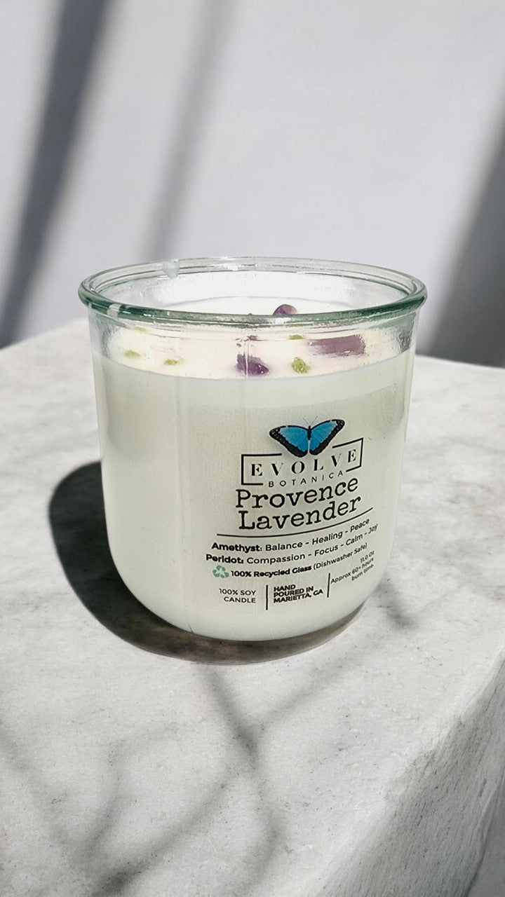 Rocks Candle - Provence Lavender (Wood Wick, Amethyst & Peridot Gemstone Soy Candle) from Evolve Botanica
