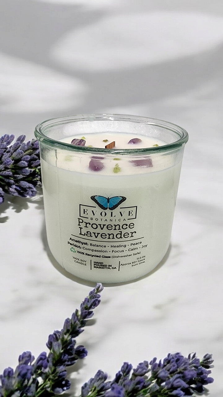 Rocks Candle - Provence Lavender (Wood Wick, Amethyst & Peridot Gemstone Soy Candle) from Evolve Botanica