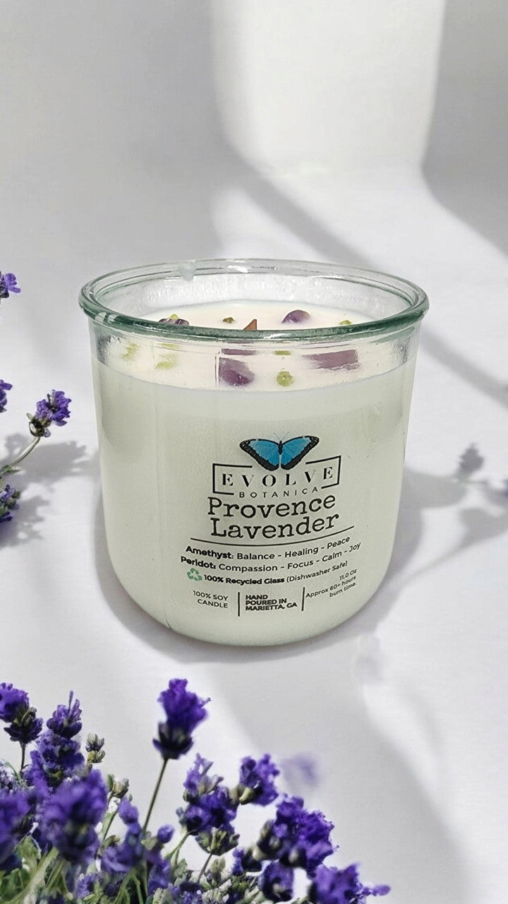 Rocks Candle - Provence Lavender (Wood Wick, Amethyst & Peridot Gemstone Soy Candle) from Evolve Botanica