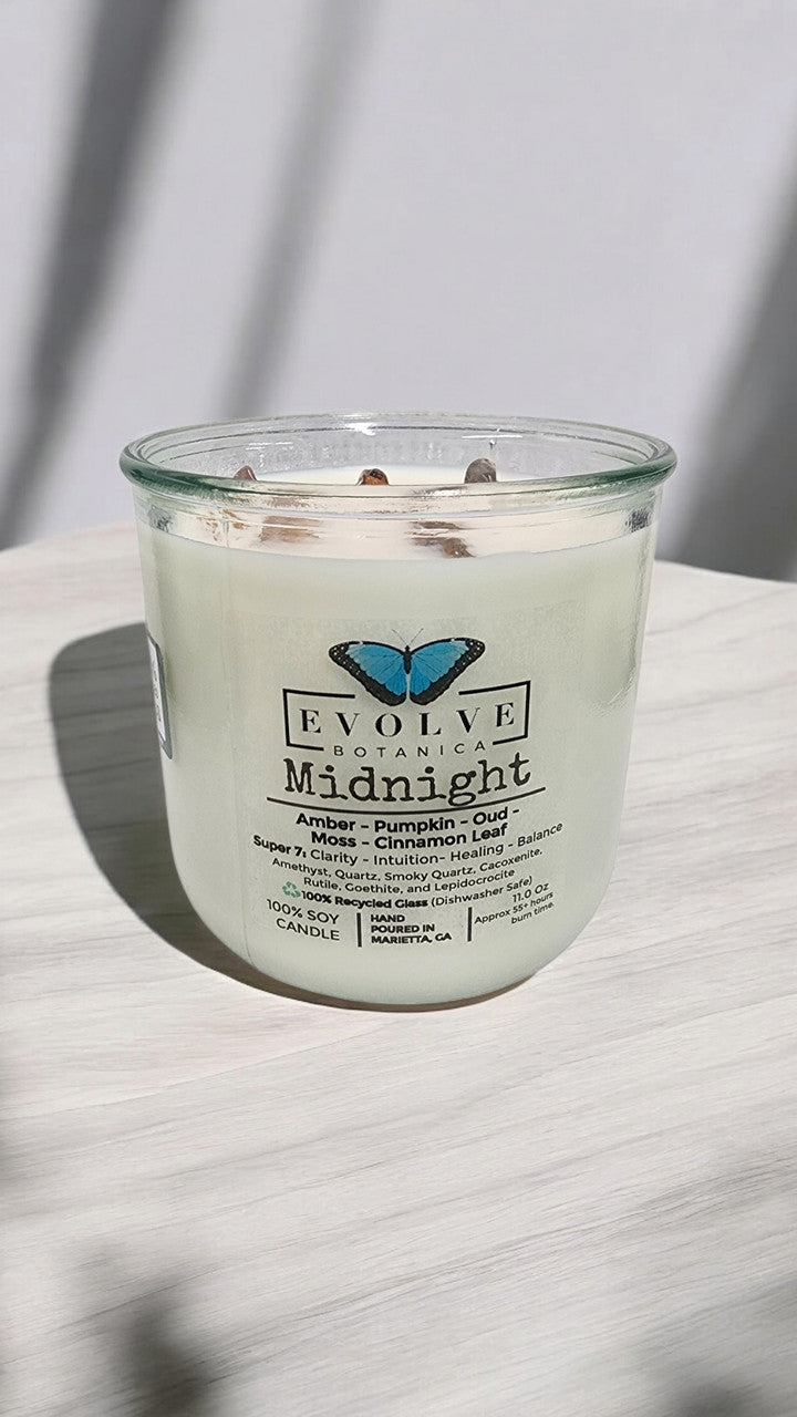 Rocks Candle - Midnight (Wood Wick, Super Seven Gemstone Soy Candle) from Evolve Botanica