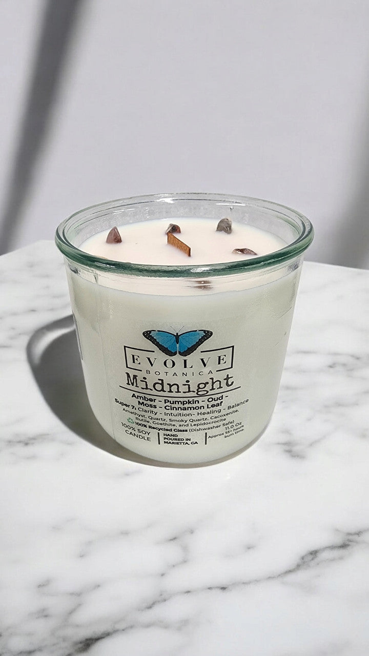 Rocks Candle - Midnight (Wood Wick, Super Seven Gemstone Soy Candle) from Evolve Botanica