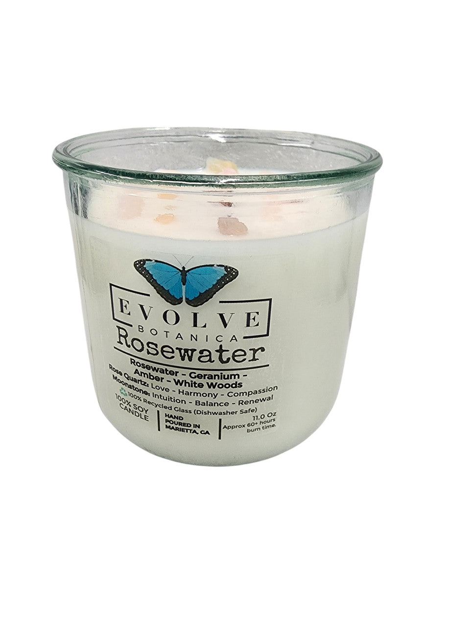 Rocks Candle - Rosewater (Wood Wick, Rose Quartz (Love, Harmony), Moonstone (Intuition, Growth), Soy Candle) from Evolve Botanica