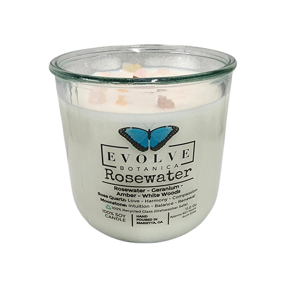 Rocks Candle - Rosewater (Wood Wick, Rose Quartz (Love, Harmony), Moonstone (Intuition, Growth), Soy Candle) from Evolve Botanica