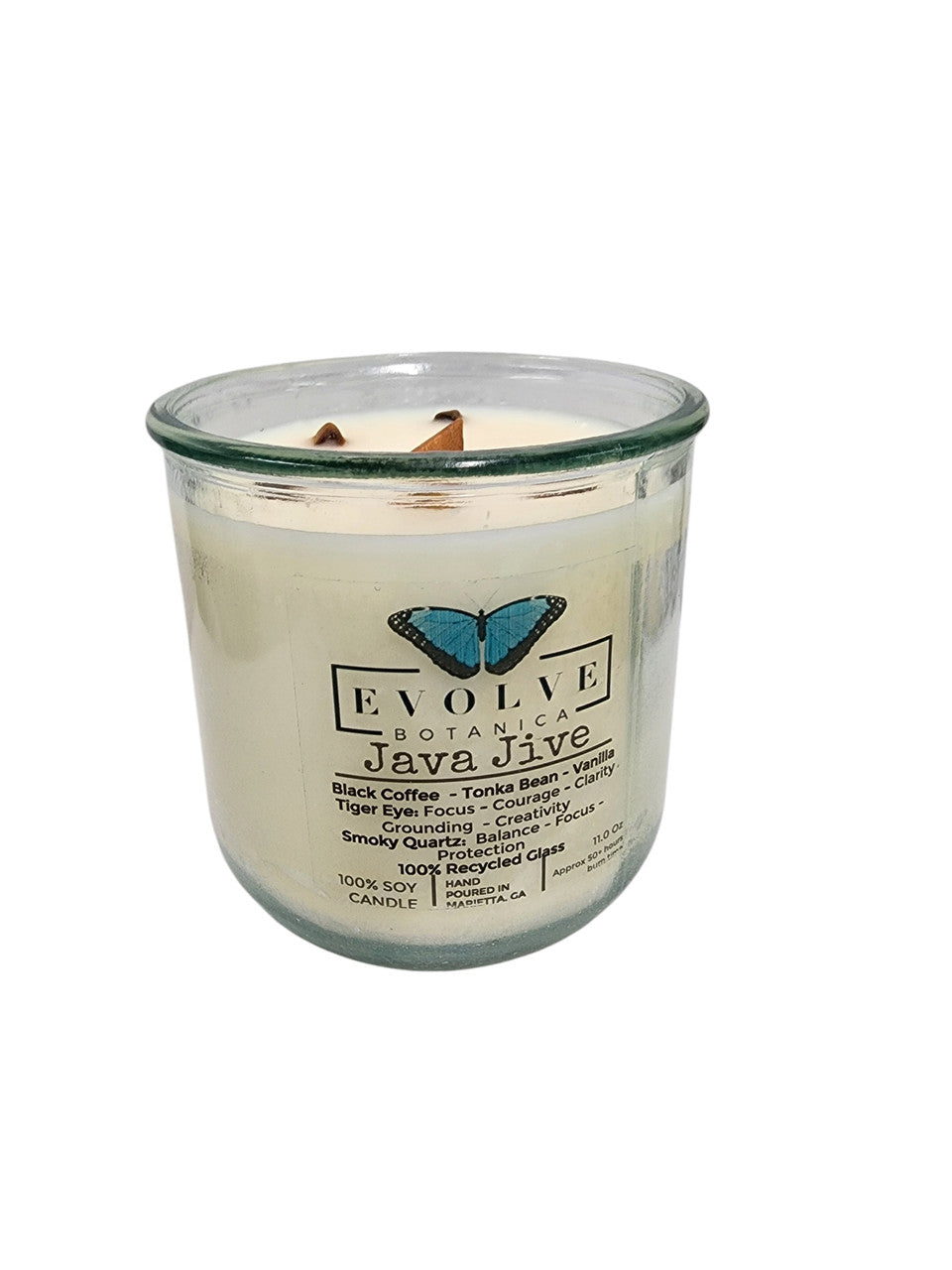 Rocks Candle - Java Jive (Wood Wick Tiger Eye & Smoky Quartz Gemstone Soy Candle) from Evolve Botanica