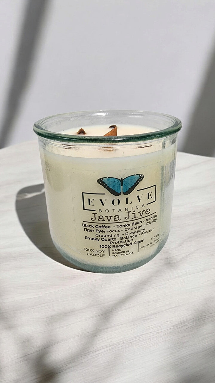 Rocks Candle - Java Jive (Wood Wick Tiger Eye & Smoky Quartz Gemstone Soy Candle) from Evolve Botanica