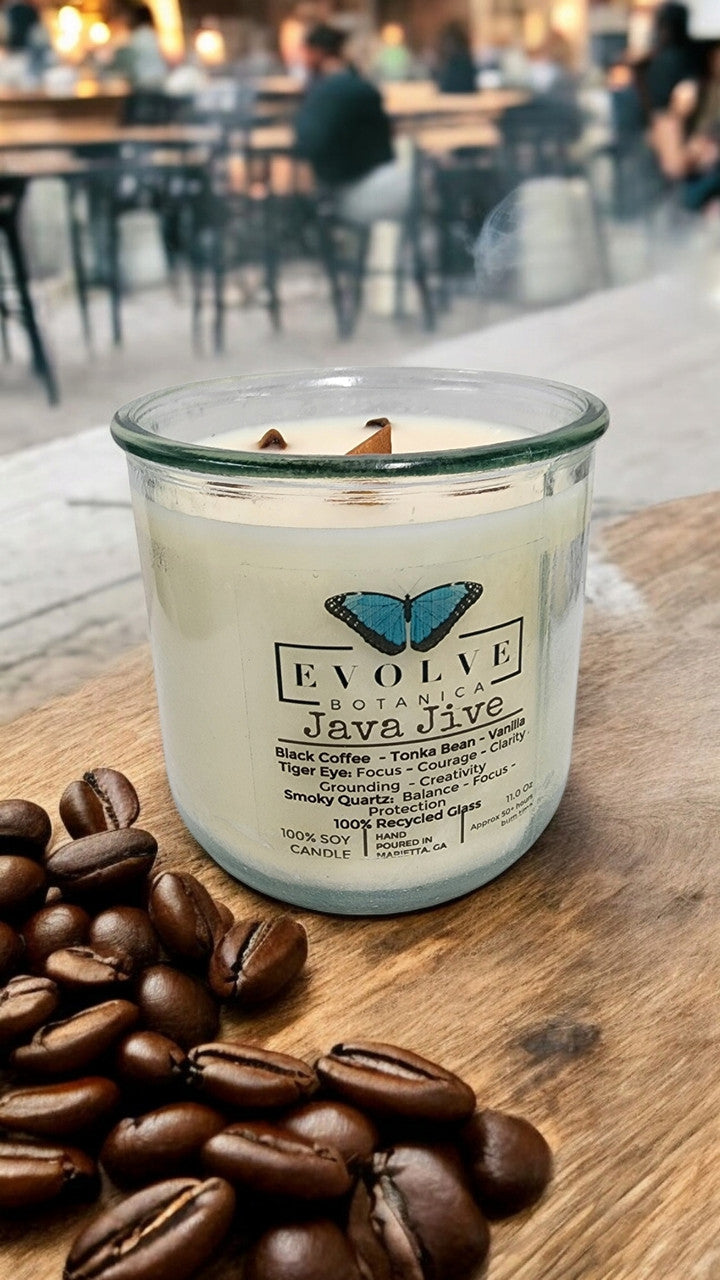 Rocks Candle - Java Jive (Wood Wick Tiger Eye & Smoky Quartz Gemstone Soy Candle) from Evolve Botanica