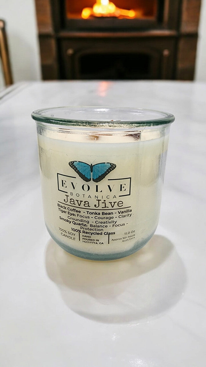 Rocks Candle - Java Jive (Wood Wick Tiger Eye & Smoky Quartz Gemstone Soy Candle) from Evolve Botanica
