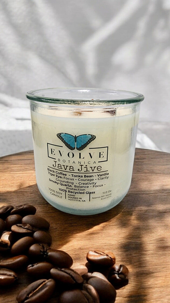 Rocks Candle - Java Jive (Wood Wick Tiger Eye & Smoky Quartz Gemstone Soy Candle) from Evolve Botanica