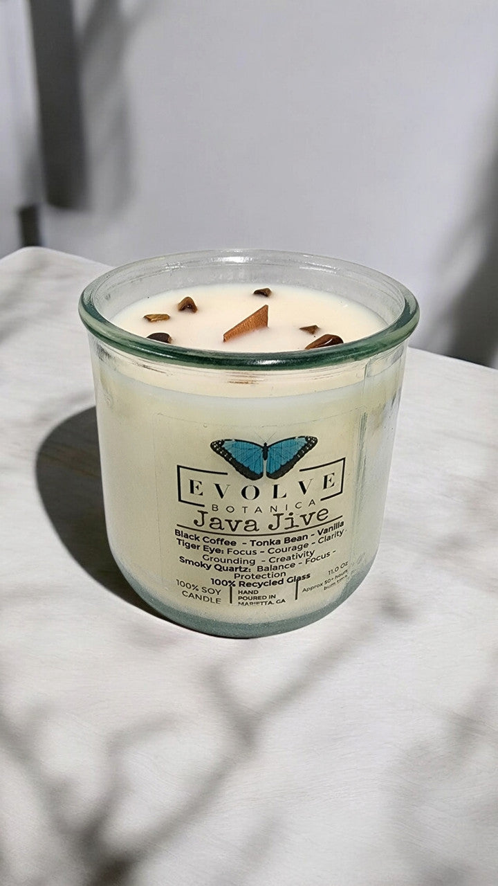 Rocks Candle - Java Jive (Wood Wick Tiger Eye & Smoky Quartz Gemstone Soy Candle) from Evolve Botanica