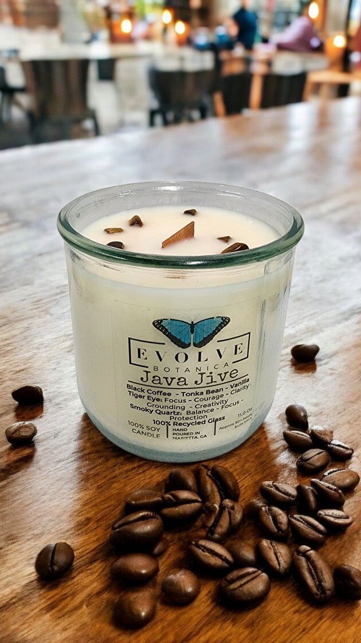 Rocks Candle - Java Jive (Wood Wick Tiger Eye & Smoky Quartz Gemstone Soy Candle) from Evolve Botanica