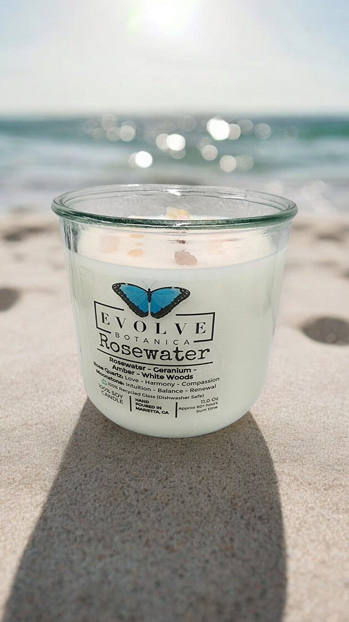 Rocks Candle - Rosewater (Wood Wick, Rose Quartz (Love, Harmony), Moonstone (Intuition, Growth), Soy Candle) from Evolve Botanica
