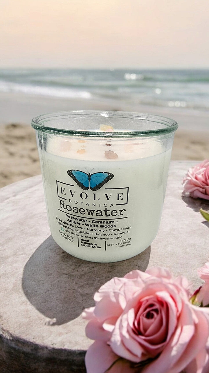 Rocks Candle - Rosewater (Wood Wick, Rose Quartz (Love, Harmony), Moonstone (Intuition, Growth), Soy Candle) from Evolve Botanica
