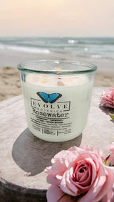 Rocks Candle - Rosewater (Wood Wick, Rose Quartz (Love, Harmony), Moonstone (Intuition, Growth), Soy Candle) from Evolve Botanica