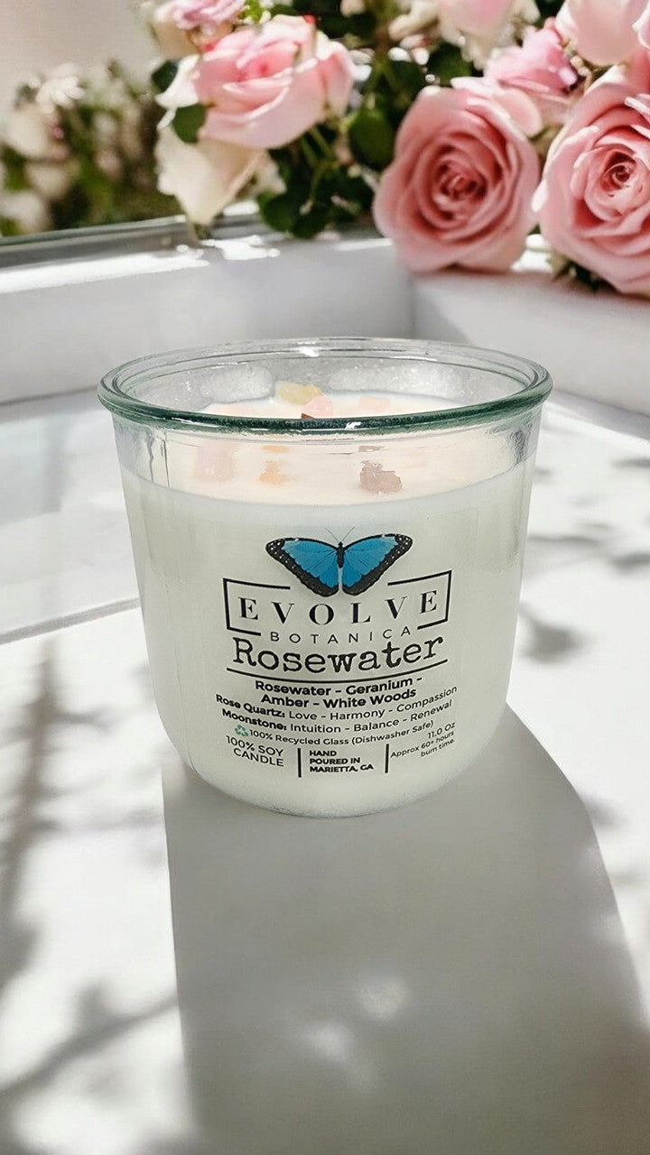 Rocks Candle - Rosewater (Wood Wick, Rose Quartz (Love, Harmony), Moonstone (Intuition, Growth), Soy Candle) from Evolve Botanica
