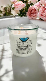 Rocks Candle - Rosewater (Wood Wick, Rose Quartz (Love, Harmony), Moonstone (Intuition, Growth), Soy Candle) from Evolve Botanica