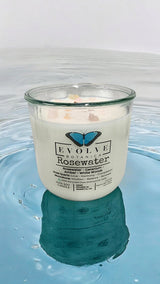 Rocks Candle - Rosewater (Wood Wick, Rose Quartz (Love, Harmony), Moonstone (Intuition, Growth), Soy Candle) from Evolve Botanica