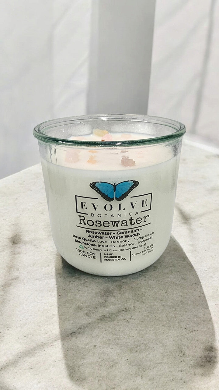 Rocks Candle - Rosewater (Wood Wick, Rose Quartz (Love, Harmony), Moonstone (Intuition, Growth), Soy Candle) from Evolve Botanica