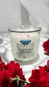 Rocks Candle - Rosewater (Wood Wick, Rose Quartz (Love, Harmony), Moonstone (Intuition, Growth), Soy Candle) from Evolve Botanica