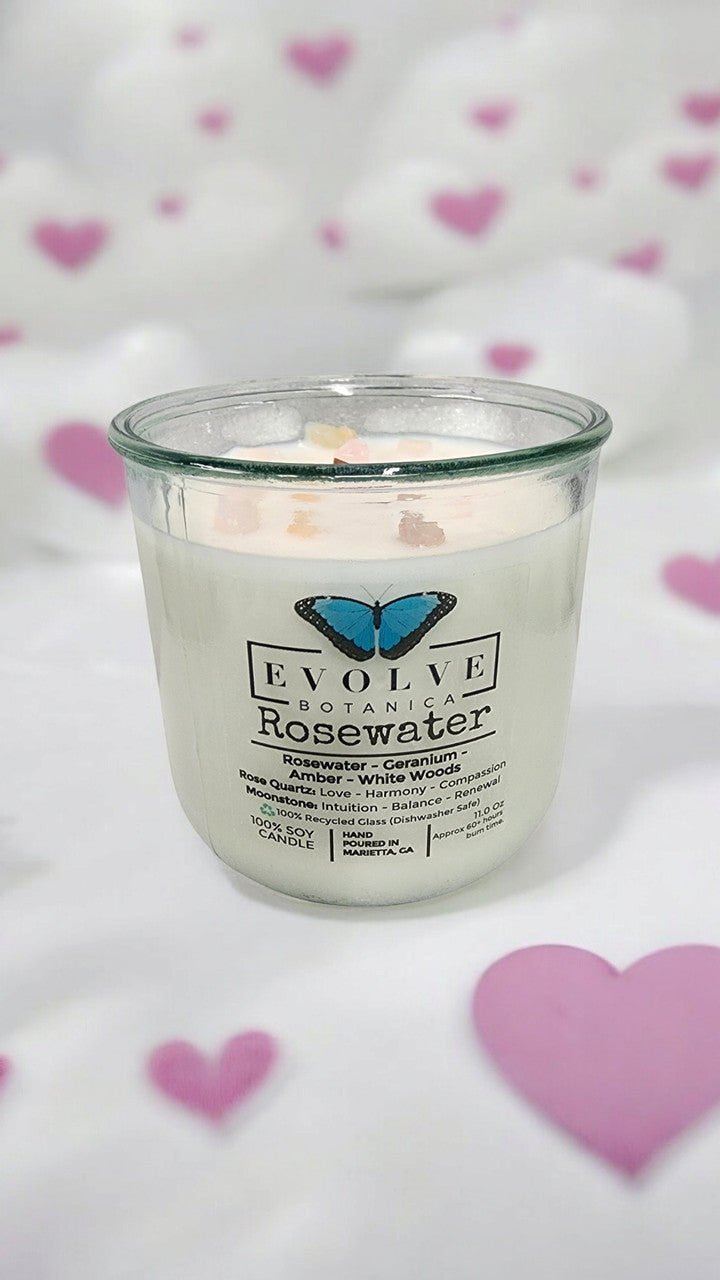 Rocks Candle - Rosewater (Wood Wick, Rose Quartz (Love, Harmony), Moonstone (Intuition, Growth), Soy Candle) from Evolve Botanica