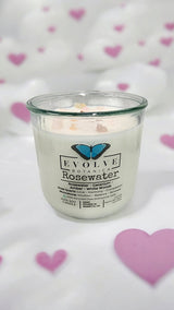 Rocks Candle - Rosewater (Wood Wick, Rose Quartz (Love, Harmony), Moonstone (Intuition, Growth), Soy Candle) from Evolve Botanica