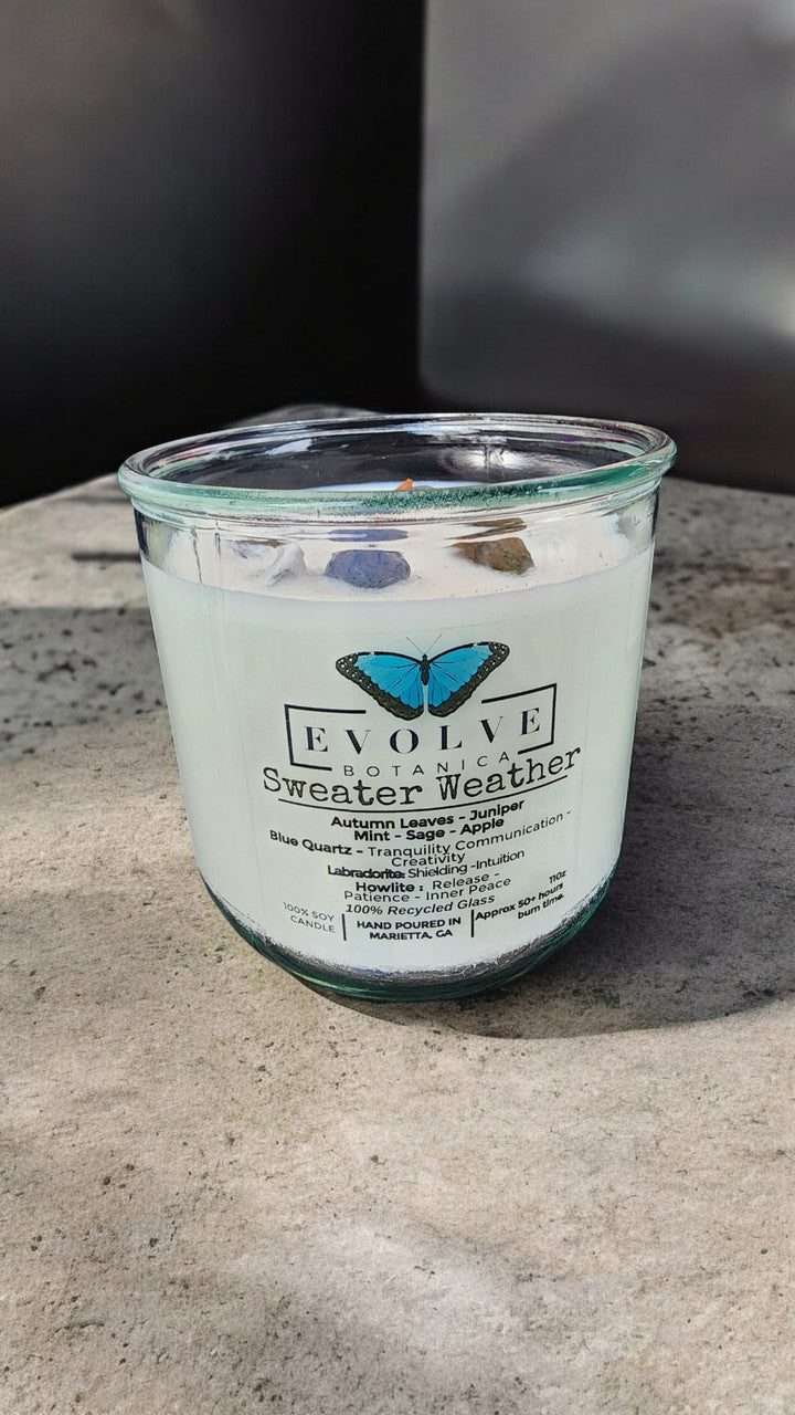 Rocks Candle - Sweater Weather (Wood Wick, Howlite (Patience, Peace), Labradorite (Shielding, Intuition), Sodalite (Nurturing, Awareness), Soy Candle) from Evolve Botanica