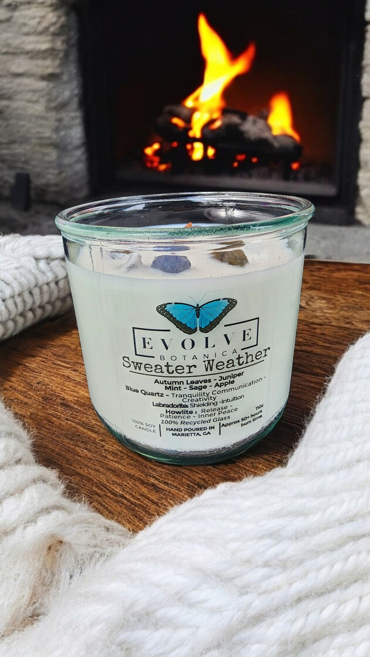 Rocks Candle - Sweater Weather (Wood Wick, Howlite (Patience, Peace), Labradorite (Shielding, Intuition), Sodalite (Nurturing, Awareness), Soy Candle) from Evolve Botanica