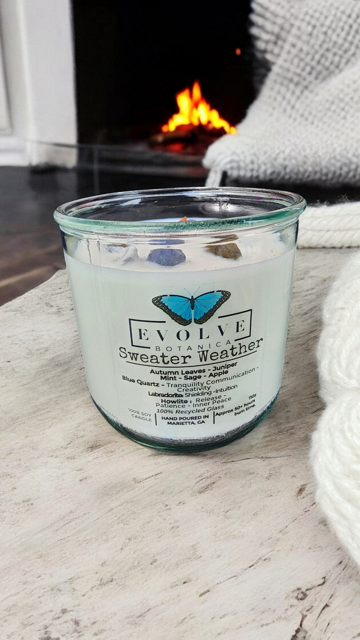 Rocks Candle - Sweater Weather (Wood Wick, Howlite (Patience, Peace), Labradorite (Shielding, Intuition), Sodalite (Nurturing, Awareness), Soy Candle) from Evolve Botanica