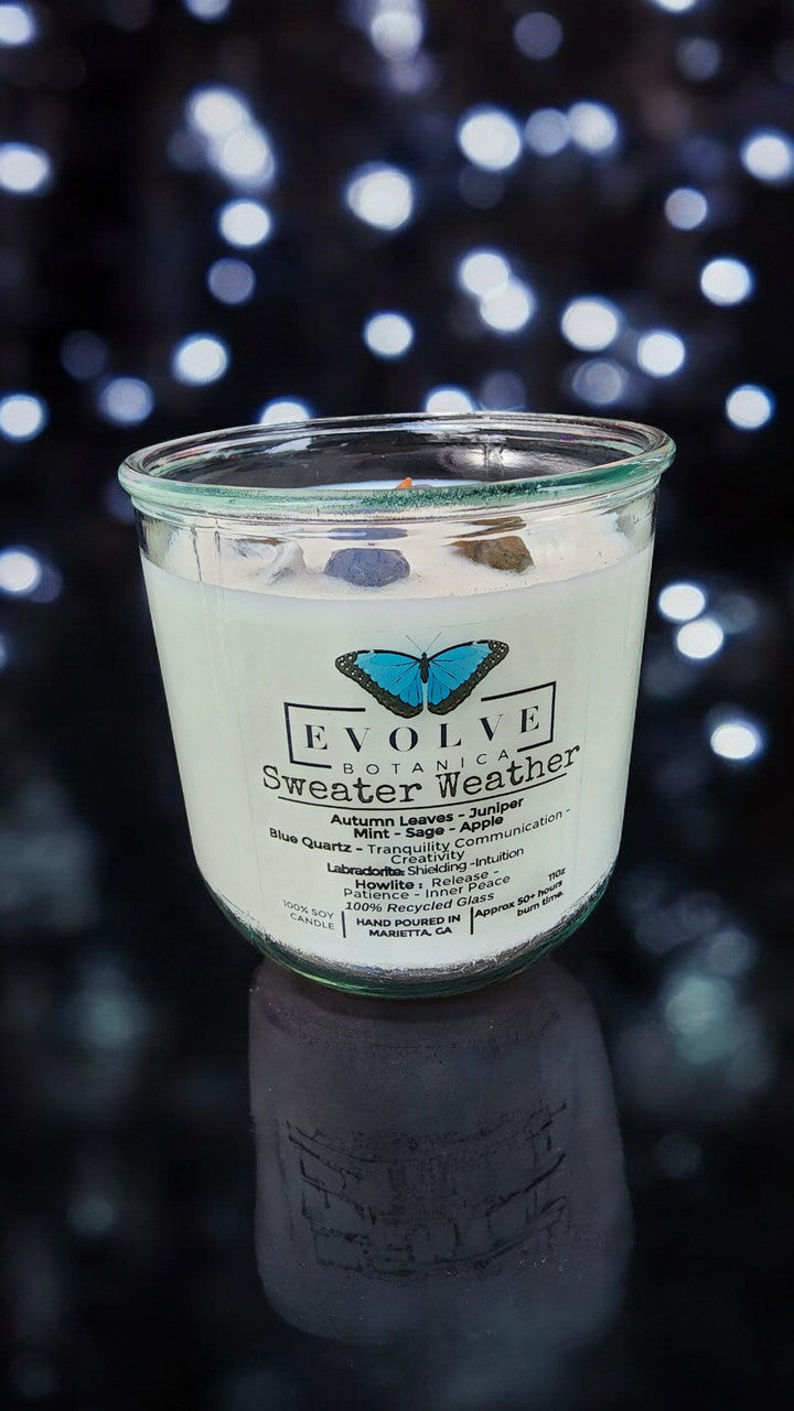 Rocks Candle - Sweater Weather (Wood Wick, Howlite (Patience, Peace), Labradorite (Shielding, Intuition), Sodalite (Nurturing, Awareness), Soy Candle) from Evolve Botanica