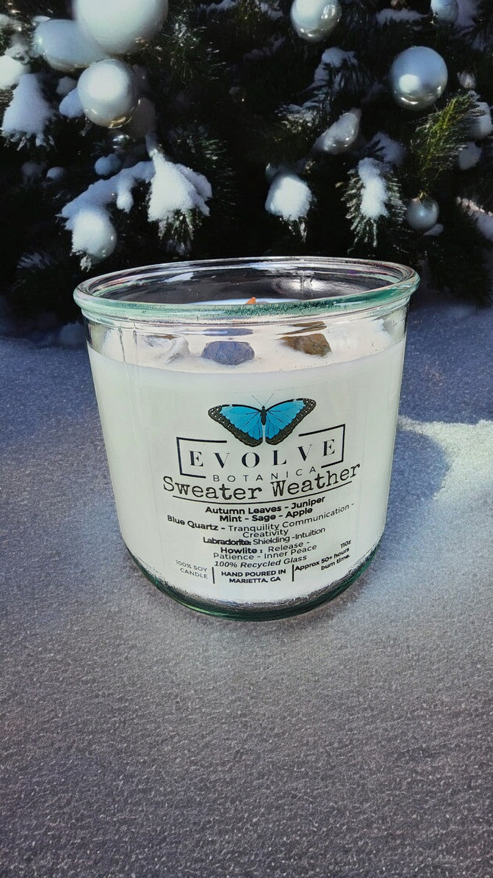 Rocks Candle - Sweater Weather (Wood Wick, Howlite (Patience, Peace), Labradorite (Shielding, Intuition), Sodalite (Nurturing, Awareness), Soy Candle) from Evolve Botanica