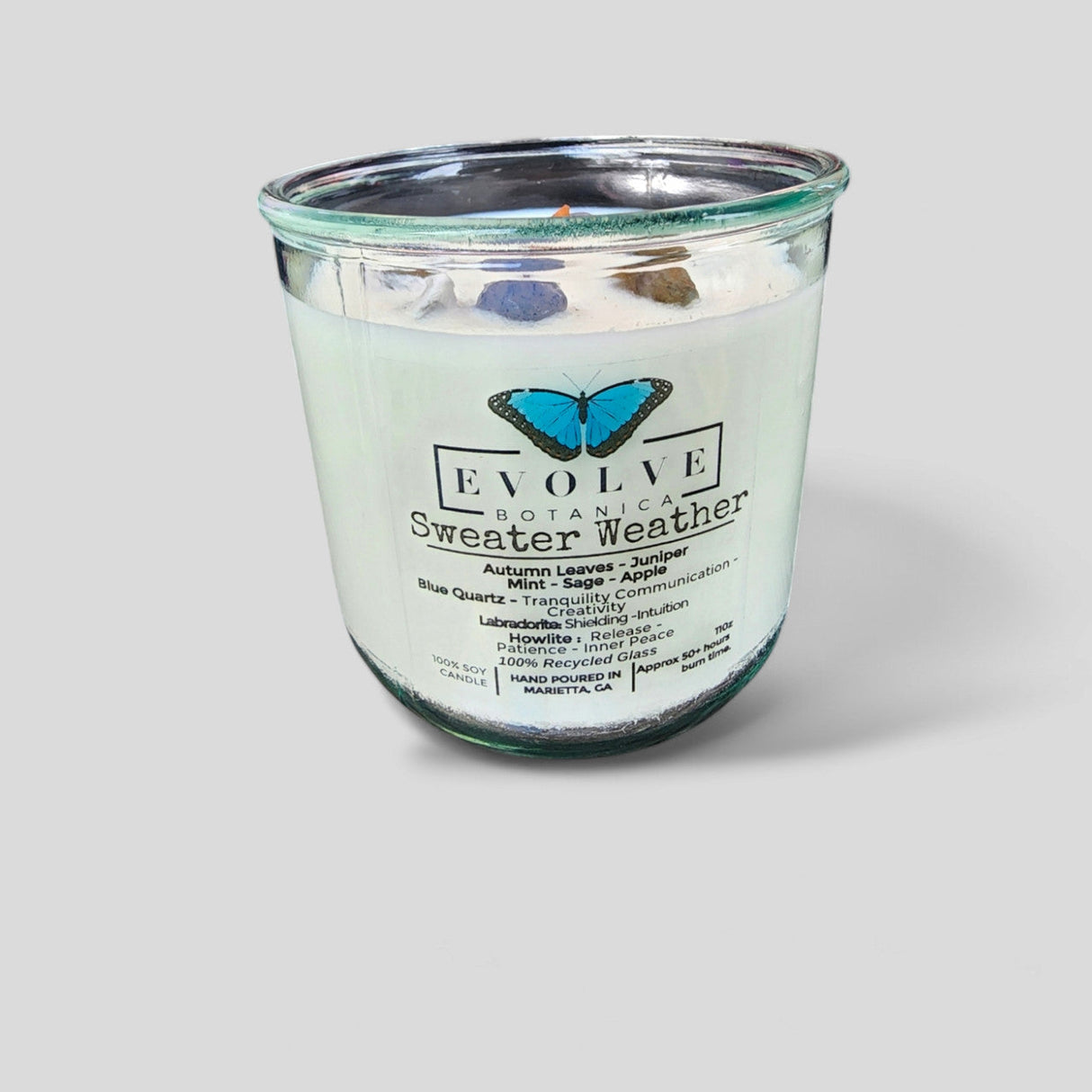 Rocks Candle - Sweater Weather (Wood Wick, Howlite (Patience, Peace), Labradorite (Shielding, Intuition), Sodalite (Nurturing, Awareness), Soy Candle) from Evolve Botanica