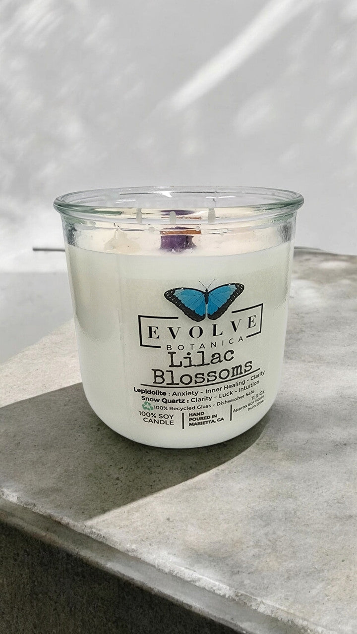 Rocks Candle - Lilac Blossoms (Wood Wick, Lepidolite Gemstone Soy Candle) from Evolve Botanica
